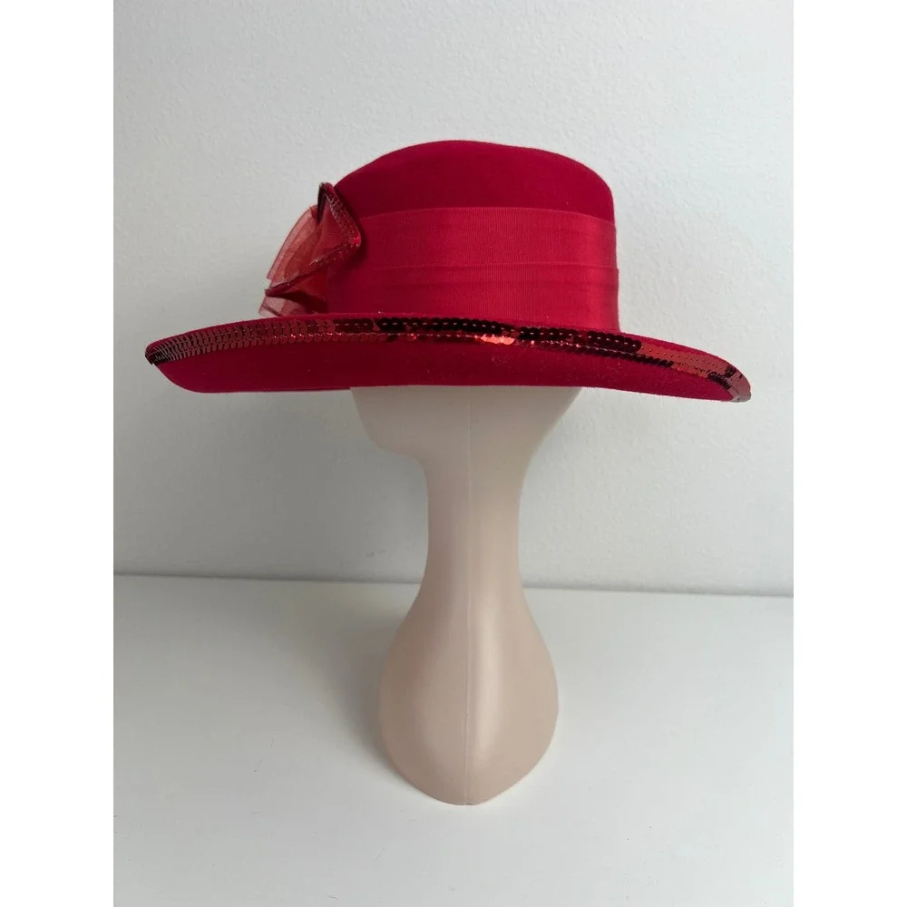 Vintage Deborah Fashions Red 100% Wool Church Formal Derby Wide Brim Hat USA